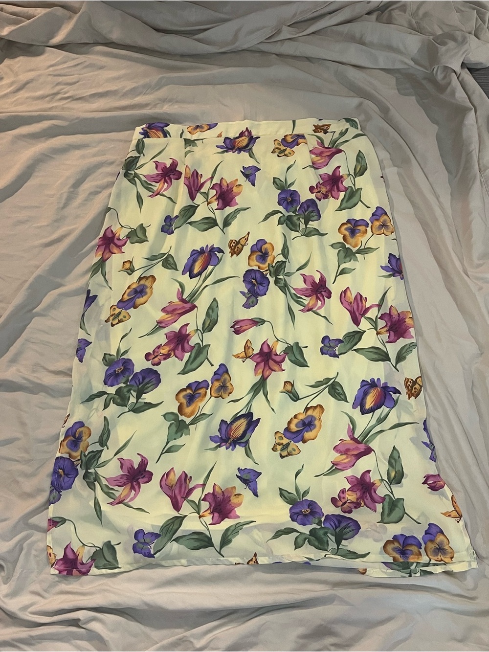 Light Yellow Floral Midi Skirt with Purple & Pink Blooms
